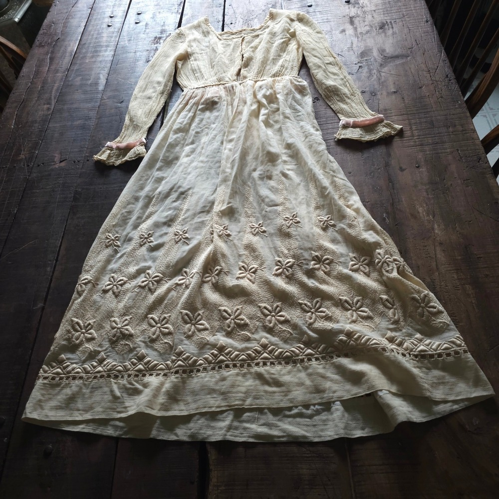 Antique Edwardian Cream Gauze Tea Dress Floral Embroidery Pink Velvet Cuffs